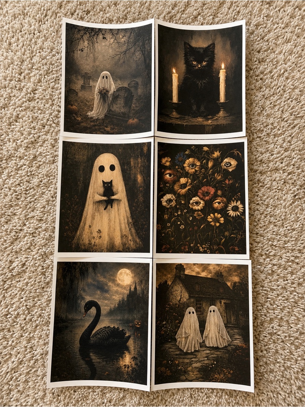 8x10 cardstock Halloween Ghost & Gothic Art Print Set — Black and Cream